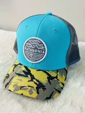 Patagonia Turquoise Trucker Hat with Yellow Camo Visor
